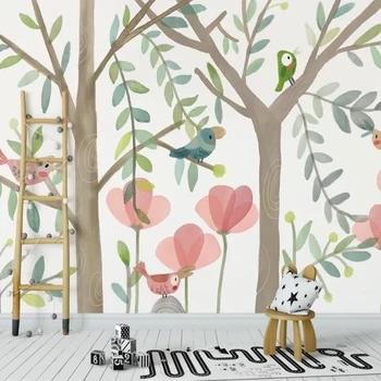 Milofi užsakymą 3D tapetai, freskos Šiaurės minimalistinio animacinių filmų miško paukščių vaikų kambario foną tapetai sienų apdaila