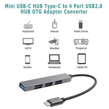 Mini USB-C HUB Tipo C iki 4 Port USB2.0 HUB OTG Adapteris Keitiklis Splitter