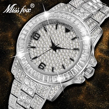 Missfox arabiškais Skaitmenimis vyriški Laikrodžiai Top Brand Prabangus Sidabro Lediniame Iš Watch Vyrai Dideli Deimantai Classic 