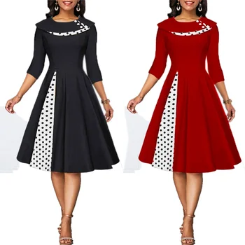 MISSJOY 2020 Plius dydis 3XL Moterų Vintage Retro ilgomis rankovėmis 1950 Kokteilis Ploka Dot Spausdinti Mygtuką Kratinys midi Šalis suknelė