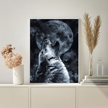Modernus Paveikslai Tapyba HD Spausdinti Gyvūnų Wolf Moon Plakatas Nuotraukos Sienos Meno Modulinės Šiaurės šalių Namų Dekoro Kambarį Įrėminti