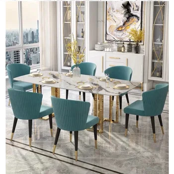 Modernūs, prabangūs marmuro akmens viršuje Nerūdijančio plieno kojos, valgomojo stalų komplektai Stačiakampio formos, italų stiliaus valgomasis stalas ir kėdės