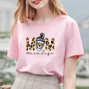 Momlife Marškinėliai Kaukolė Leopard Akinius Harajuku Viršūnes Moterų Camisetas Mujer 2020 Tee Marškinėliai Femme 90-ųjų Merginų Rausvos spalvos Drabužius, Balta