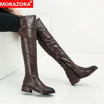 MORAZORA 2020 karšto parduoti per kelio batai moterims pu retro zip rudens-žiemos batai kulniukai, žemas laisvalaikio bateliai moters šlaunų auliniai batai