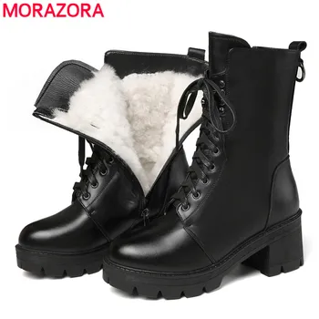 MORAZORA Karšto pardavimo natūralios odos batai moterims storas kailis vilnos žiemos sniego batai ponios nėriniai motociklo platformos batai, batų