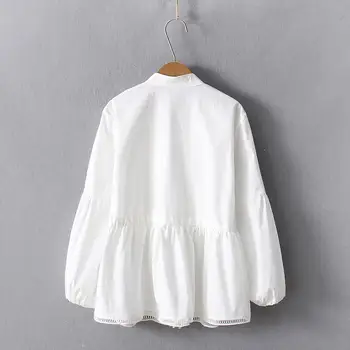 Mori girl chic white marškinėliai viršuje siuvinėjimo stovėti apykakle ilgomis rankovėmis marškinėliai