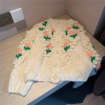 Mori mergina Megztinis Pavasarį, Rudenį Megzti viena breasted Megztinis gėlių trikotažas