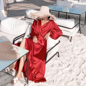 Moterims, Bordo Satino Maxi Backless Šalis Suknelė Elegantiškas Vasaros Atostogų Paplūdimio Suknelė su V-kaklo Derliaus korėjos kilimo ir tūpimo Tako 2020 Vestidos