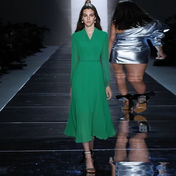 Moterims, elegantiškas plisuotos plius dydis suknelė naujų 2020 m. pavasarį, vasarą, V-kaklo, ilgomis rankovėmis nėrinių apdaila oficialią suknelės žalia juoda burgundry