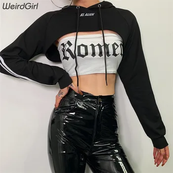 Moterims Palaidinės dryžuota atspindintis laiško spausdinimo mados hoodies pasėlių viršaus pilnas rankovės streetwear naujas 2019 m. rudenį