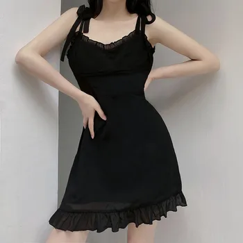 Moteris-line suknelė su sexy nėrinių spageti dirželis mini suknelė raukiniai pasakų juodo šifono lankas nėrinių elegantiškas korėjos suknelė vestidos