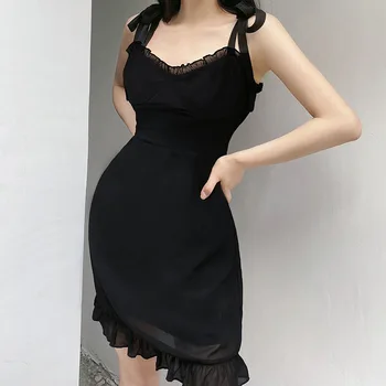 Moteris-line suknelė su sexy nėrinių spageti dirželis mini suknelė raukiniai pasakų juodo šifono lankas nėrinių elegantiškas korėjos suknelė vestidos