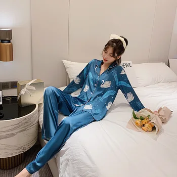 Moteriški Swan Spausdinti Šilko Satino Pižama Pižamos Nustatyti Ilgomis Rankovėmis Sleepwear Pijama Pižama Kostiumas Moterų Miego Dviejų Dalių Komplektas Loungewear