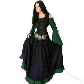 Moteriški Viduramžių ilgomis Rankovėmis Šalto Pečių Maxi Suknelė Vintage Gotikos Stiliaus Dviejų atspalvių Kratinys Suknelė, Korsetas Nėrinių Grindų suknelė
