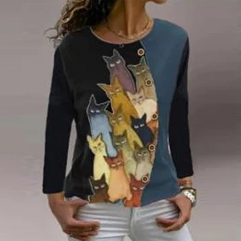 Moterys Pavasarį, Rudenį Atsitiktinis T Shirts Katės Spausdinti Kratinys Mygtuką, O Kaklo, ilgomis Rankovėmis Viršūnes Megztinis Moteriška Harajuku Streetwear 3XL