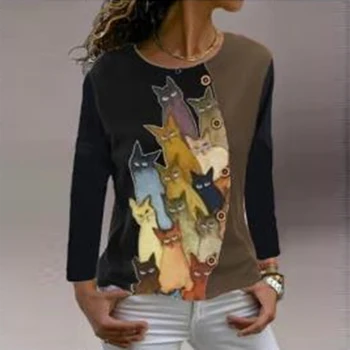 Moterys Pavasarį, Rudenį Atsitiktinis T Shirts Katės Spausdinti Kratinys Mygtuką, O Kaklo, ilgomis Rankovėmis Viršūnes Megztinis Moteriška Harajuku Streetwear 3XL