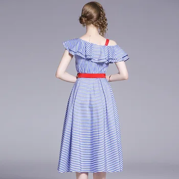 Moterys Vasarą Sluoksnių Juostele Suknelės Naują Stiliaus Aukšto Juosmens Šviežių Susiėmę Off Peties Aukšto Juosmens Mėlyna Balta Dryžuota Suknelė Su Diržu
