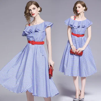 Moterys Vasarą Sluoksnių Juostele Suknelės Naują Stiliaus Aukšto Juosmens Šviežių Susiėmę Off Peties Aukšto Juosmens Mėlyna Balta Dryžuota Suknelė Su Diržu