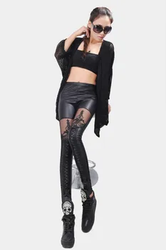 Moterų Antblauzdžiai 2019 Mados Aukštos Kokybės Punk Juoda Faux Odos Gotikos Nėrinių Susiuvimo Legging Moterų slim capris odinės kelnės
