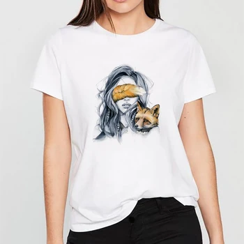 Moterų Apranga Fox Padengti akis Grafinis Tees Camiseta Mujer Kawaii Viršūnes Estetinės Tee Marškinėliai Femme Streetwear Harajuku Marškinėliai