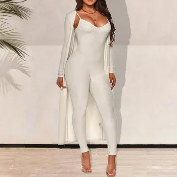 Moterų apranga seksualus catsuit fitneso balta juoda spageti dirželis jumpsuit ir ilgas megztinis ponios rudenį dviejų dalių kostiumas rinkiniai