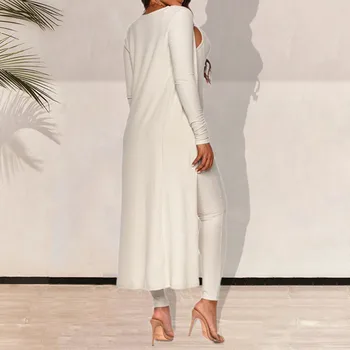 Moterų apranga seksualus catsuit fitneso balta juoda spageti dirželis jumpsuit ir ilgas megztinis ponios rudenį dviejų dalių kostiumas rinkiniai