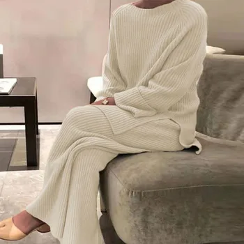 Moterų Atsitiktinis O Kaklo Kietas Megztas Dviejų Dalių Komplektas Pavasarį, Rudenį Ilgomis Rankovėmis Megztinis Ritininės Viršaus Ir Kelnės Kombinezonas Homewear Pajama Femme