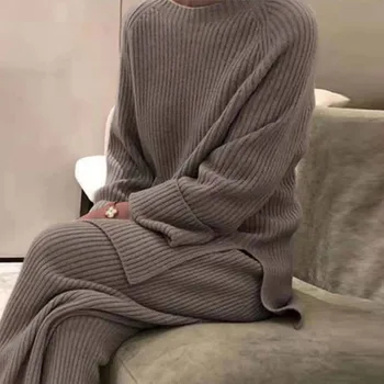 Moterų Atsitiktinis O Kaklo Kietas Megztas Dviejų Dalių Komplektas Pavasarį, Rudenį Ilgomis Rankovėmis Megztinis Ritininės Viršaus Ir Kelnės Kombinezonas Homewear Pajama Femme