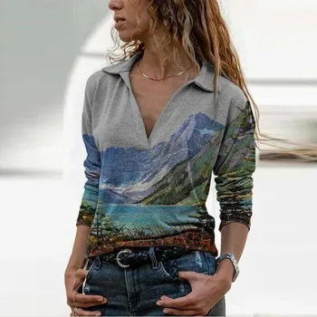 Moterų atvartas kraštovaizdžio spausdinimo ilgomis rankovėmis marškinėliai, viršuje plius dydis-ilgomis rankovėmis marškinėliai, kraštovaizdžio spausdinimo viršutinis atvartas apykaklės F04*