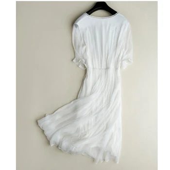 Moterų Baltos spalvos Šilko Suknelės Šilko V kaklo Kelio ilgis Office Suknelė 2020 M. Rudenį Varčios Midi Suknelė Vestidos