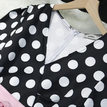 Moterų Black Polka Dot 3/4 Rankovės Retro Peplum Suknelė Midi Ilgis Office Ponios Elegantiškas Suknelės Ruožas Plisuotos S Plius XXL Dydis