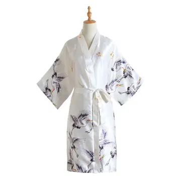 Moterų Chalatas Seksualus Spausdinti Kranai Kimono Nuotaka Padažu suknelė sleepwear Naktį Augti Moterų Mados Satino Chalatas