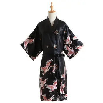 Moterų Chalatas Seksualus Spausdinti Kranai Kimono Nuotaka Padažu suknelė sleepwear Naktį Augti Moterų Mados Satino Chalatas