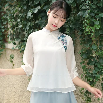 Moterų Elegantiškas Hanfu Šifono Qipao Viršūnes korėjos Mados Marškinėliai Kinų Stiliaus, Siuvinėtų Retro Palaidinė Vietnamas Ao Dai T-shirt Kailis