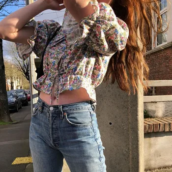 Moterų Gėlių Spausdinti Palaidinė Rudenį 2020 Karšto pardavimo INS Saldus Nėriniai-up Šifono Rankovėmis Chic Trumpas Sluoksniuotos Rankovėmis Streetwear Viršuje Blusa