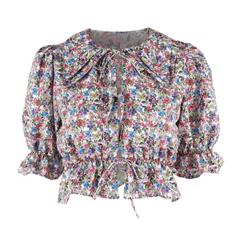 Moterų Gėlių Spausdinti Palaidinė Rudenį 2020 Karšto pardavimo INS Saldus Nėriniai-up Šifono Rankovėmis Chic Trumpas Sluoksniuotos Rankovėmis Streetwear Viršuje Blusa