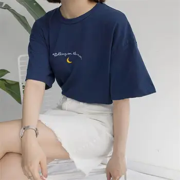 Moterų korėjos Kawaii Tunika Moterims Meno Saldus Užrašu Mėnulis Siuvinėjimo T-marškinėliai, moteriški marškinėliai Japonija Harajuku Ponios Derliaus