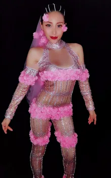 Moterų kostiumai Rausvos Gėlės Cirkonio seksualus Kristalai Jumpsuits veiklos DJ DS rodyti Leotard Dainininkė, Šokių Klubą star