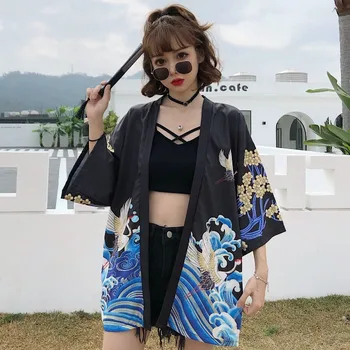 Moterų Krano Gatvės Ins Marškinėliai Mados Sun-Proof Drabužių Harajuku Japonų Kimono Megztinis Vyrams Yukata Azijos Samurajus Kostiumas