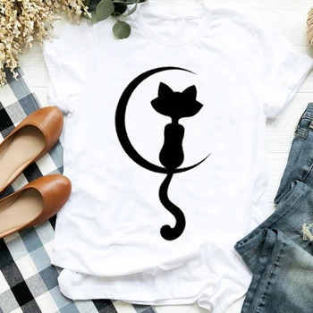 Moterų Lady Cat Trumpas Rankovės Harajuku Kawai Geometrinis Print T Shirt Tee už Moteriškų Drabužių Marškinėlius Moterų Top Grafinis T-shirt