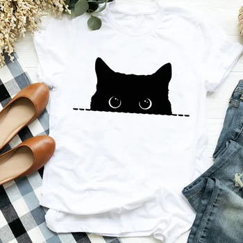 Moterų Lady Cat Trumpas Rankovės Harajuku Kawai Geometrinis Print T Shirt Tee už Moteriškų Drabužių Marškinėlius Moterų Top Grafinis T-shirt