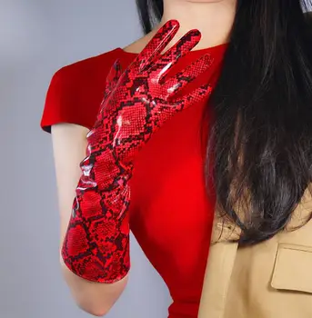 Moterų mados seksualus slim raudona snakeskin dirbtiniais pu odos pirštinės lady klubo veiklos oficialų šalies odos ilgos pirštinės 70cm R2316