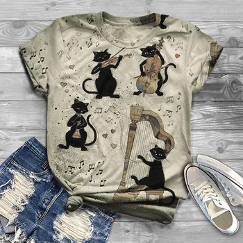 Moterų Marškinėliai Blusas Tees Trumpas Rankovės 3D Keturių Katė Gyvūnų Spausdinami O-Kaklo Viršūnes Plius Dydis