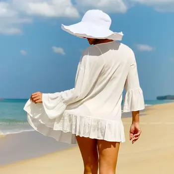 Moterų Maudymosi Kostiumėlį, Padengti Ups, Mandarinų Rankovės Kaftan Paplūdimio Tunika Suknelė Chalatas De Plage Vientisos Baltos Medvilnės Pareo Paplūdimio Cover Up #Q606
