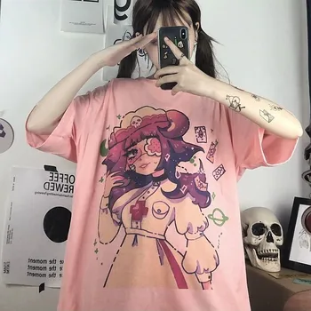 Moterų, Mergaičių, Balta Vasaros Japonijos Animacinių filmų Atspausdintas T-shirt Kawaii Laisvi Marškinėliai Moteriška Mielas Juokingi Marškinėliai Tshirts Moterims Topai