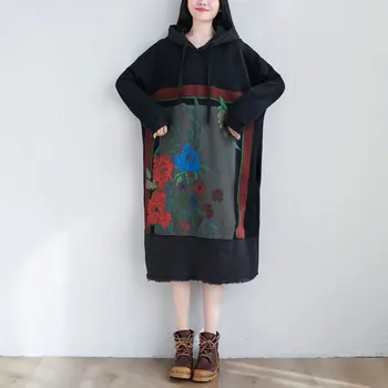 Moterų nauja rudens ir žiemos korėjos stiliaus plius dydis literatūros susiuvimo gobtuvu suknelė su kutais krašto prarasti ilgai sweatershirt