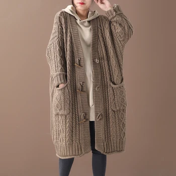 Moterų nauja rudens ir žiemos plius dydis korėjos stiliaus viršutiniai drabužiai literatūros ragų sagtis laisvi megztiniai džemperis cardigan
