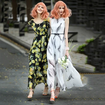 Moterų naujų mados vasaros rudens Tako Dizainerių Boutique-Line Suknelė Šviežia Geltona Citrinos Spausdinti Slidinėti Undinė suknelės