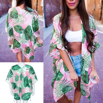 Moterų Paplūdimio Cover Up Kimono Megztinis Atogrąžų Lapai Kutai Dizaino Minkštas Šifono Palaidinė Skara Viršuje M-XL