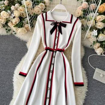 Moterų Pavasario Rudens Suknelės Naujos Susegamas ilgomis rankovėmis Megzti Suknelę Trumpas korėjos-line Moterų Suknelės LL117